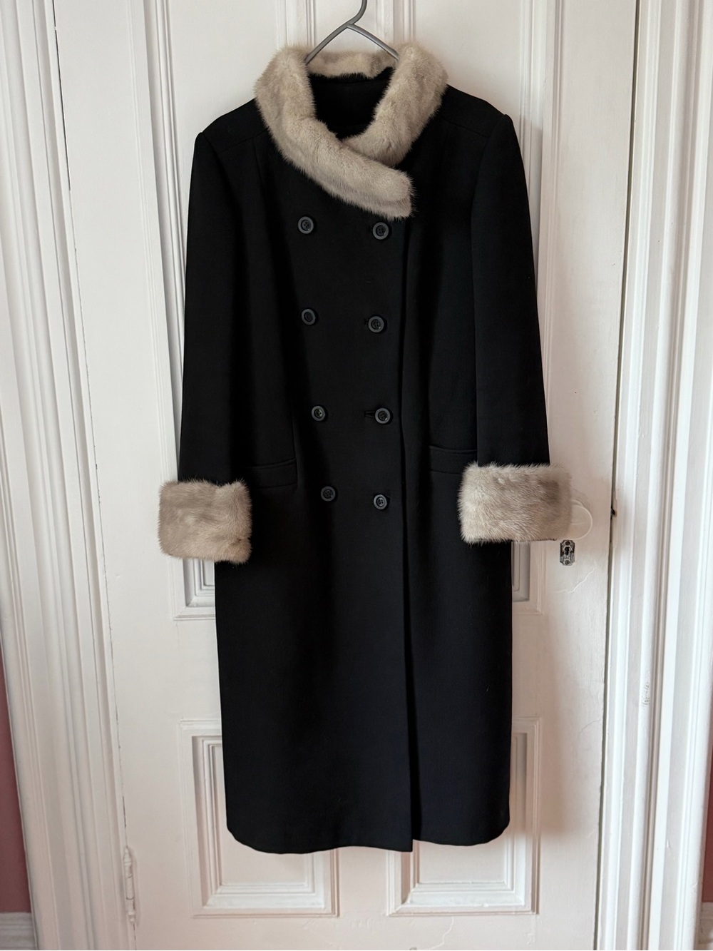 Vintage Nymans Branford Black Full Length Wool/Fur Double Breasted Winter Coat